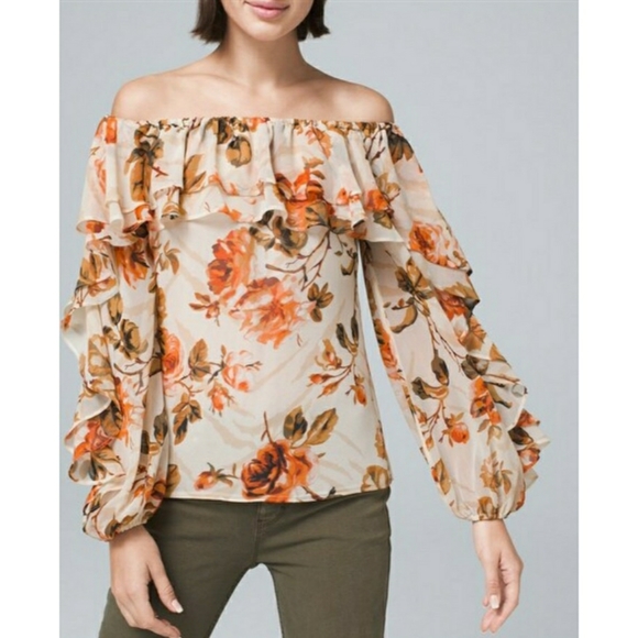 White House Black Market Tops - NWT White House Black Market Ruffle Multi Floral-Print Off-the-shoulder Blouse